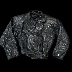 Vintage women's black leather motorcycle jacket